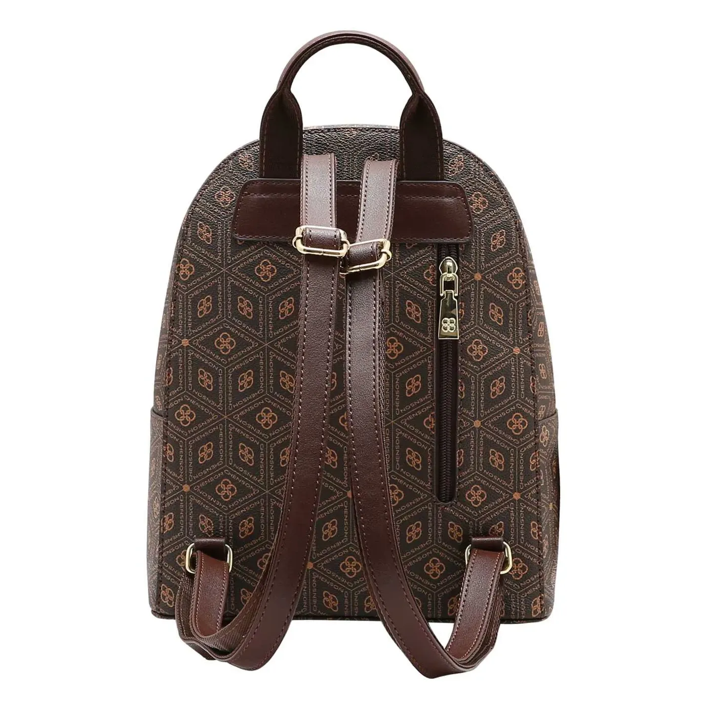 Vista traseira da mochila feminina Chenson Coração Cristal cor café com alças ajustáveis em couro sintético